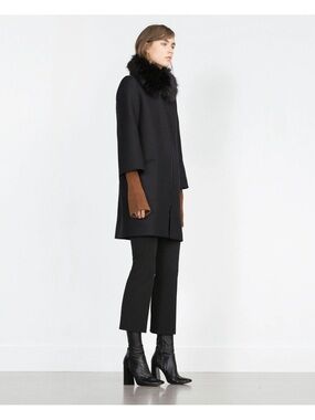 Zara Rare Charcoal Black Cape Poncho Coat Jacket Fur Collar Size S